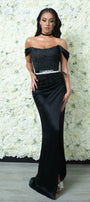 MAXI SKIRT AND CROP TOP SET NICOLE GLITTER LACE SATIN BLACK