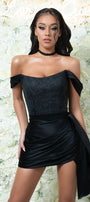 MINI SKIRT AND CROP TOP SET ERIN GLITTER LACE SATIN BLACK