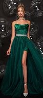 MAXI CROP TOP AND PANTS AND CLOAK SET CARMELLA GLITTER LACE SATIN TULLE DARK GREEN