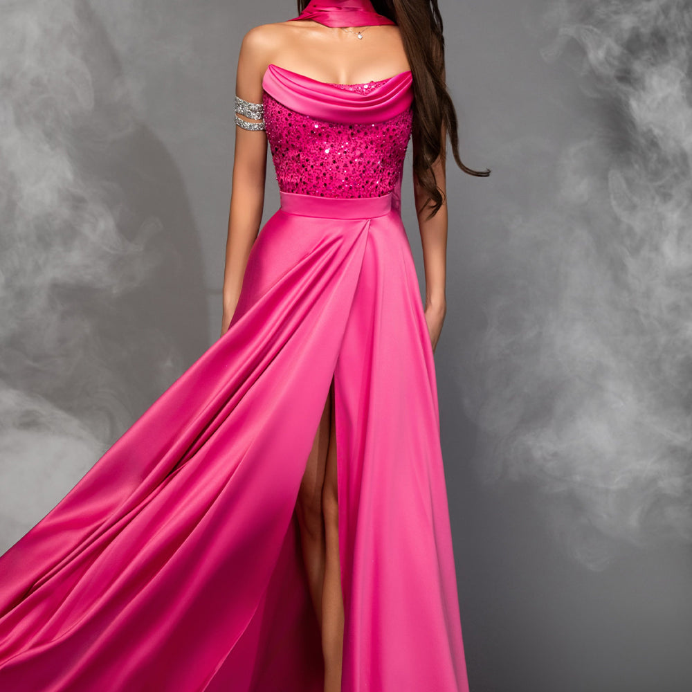 MAXI SKIRT AND CROP TOP SET DELANEY SEQUIN SATIN HOT PINK