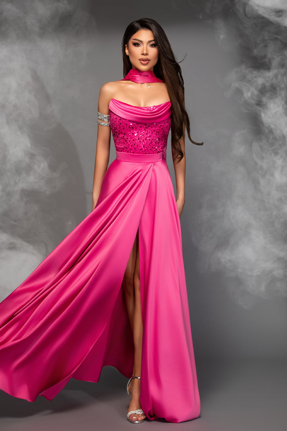 MAXI SKIRT AND CROP TOP SET DELANEY SEQUIN SATIN HOT PINK – Lorreti