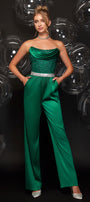 MAXI CROP TOP AND PANTS SET CALIANNA GLITTER LACE SATIN DARK GREEN