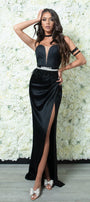 MAXI SKIRT AND CROP TOP SET IVEY GLITTER LACE SATIN BLACK