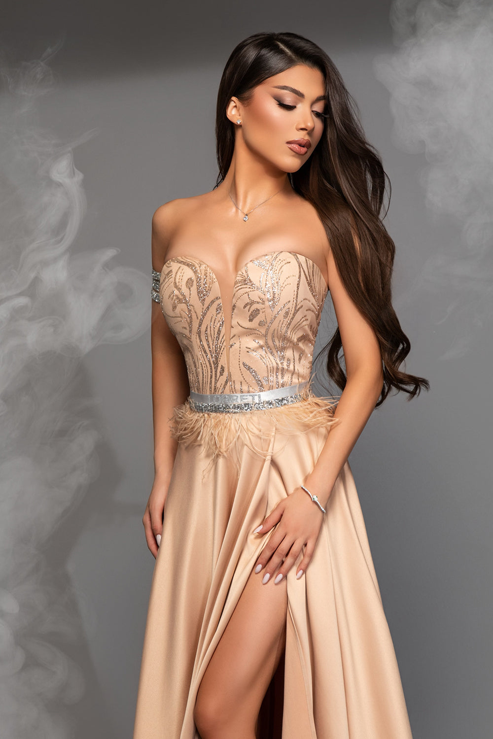 MAXI SKIRT AND CROP TOP SET GRACELYN GLITTER LACE SATIN GOLDEN
