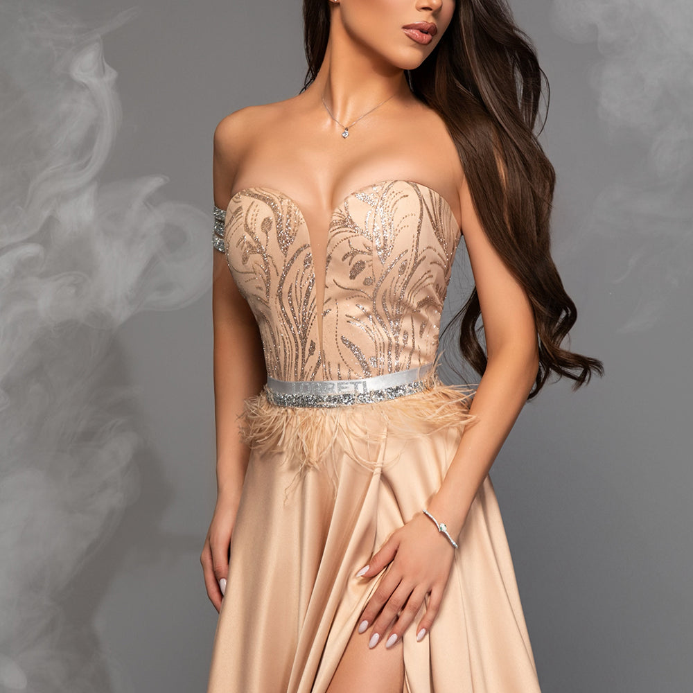 BELT MARABU FEATHERS RHINESTONE CARAMEL