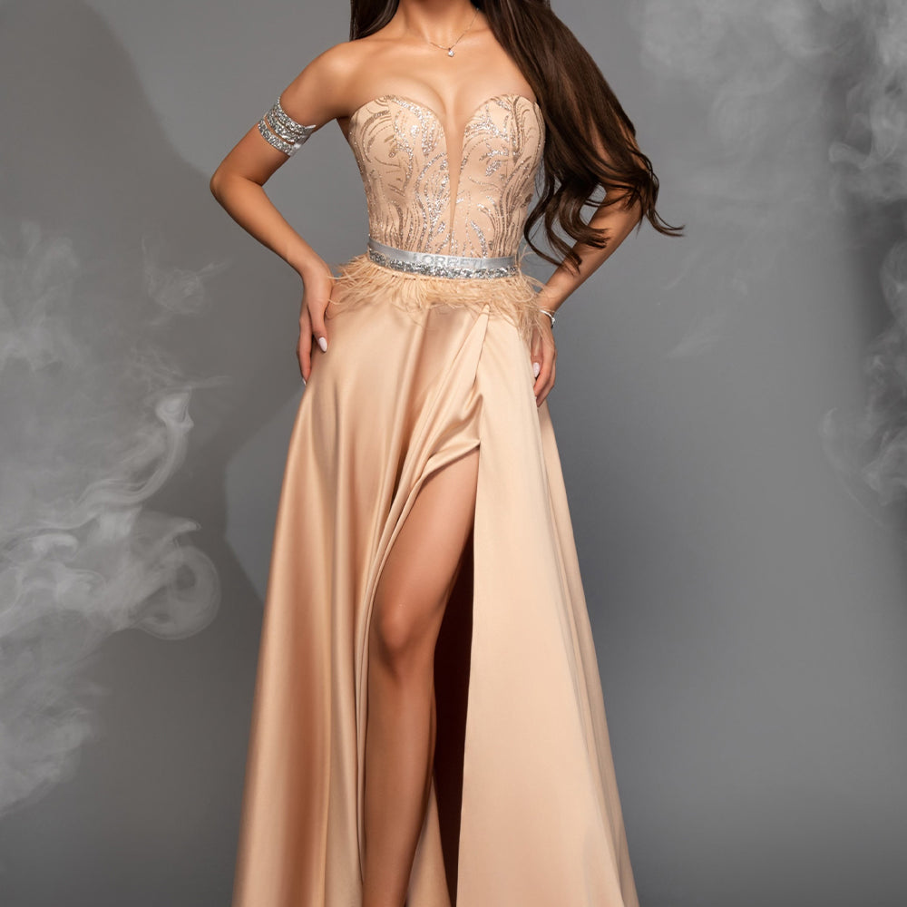 MAXI SKIRT AND CROP TOP SET GRACELYN GLITTER LACE SATIN GOLDEN