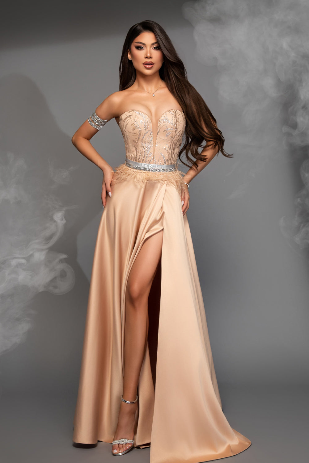 MAXI SKIRT AND CROP TOP SET GRACELYN GLITTER LACE SATIN GOLDEN