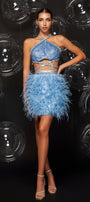 MINI CONJUNTO TOP CON FALDA JUDE ЕNCAJE BRILLANTE PEDRERÍA PLUMAS DORADO