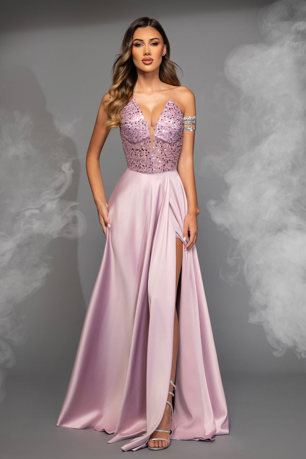 MAXI SKIRT AND CROP TOP SET GABRIELA SEQUIN SATIN LAVENDER