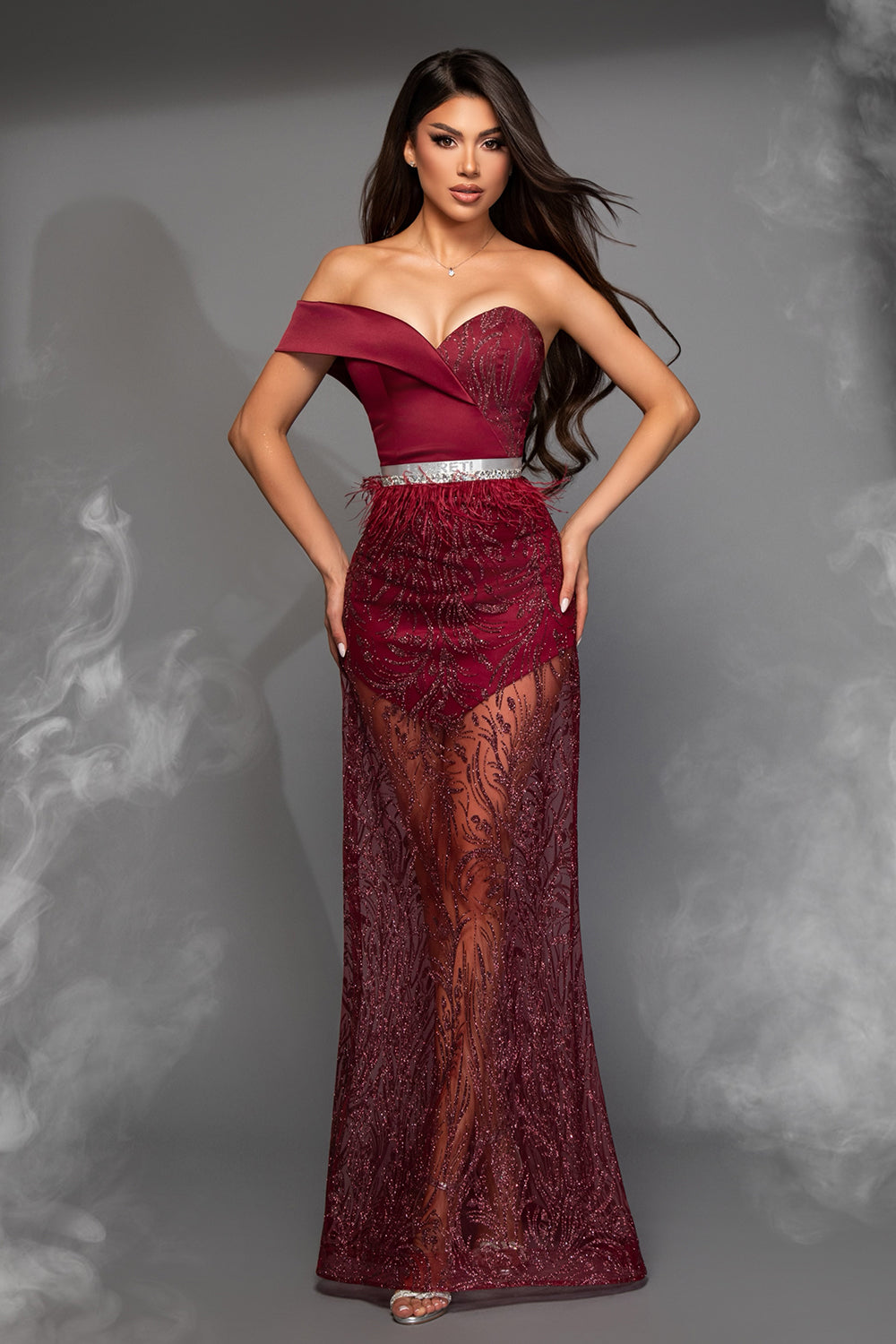 MAXI SKIRT AND CROP TOP SET CYNTHIA GLITTER LACE SATIN BURGUNDY