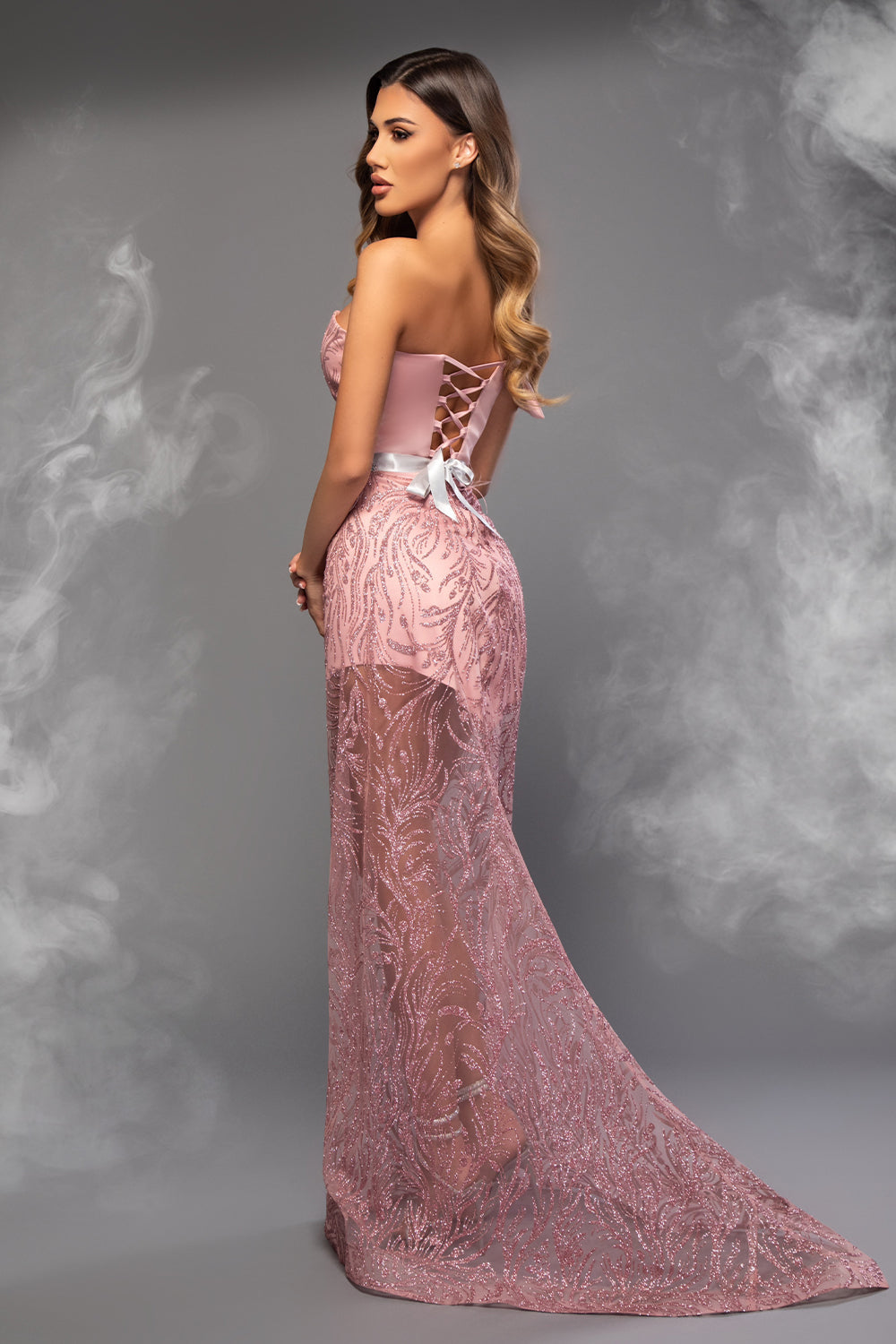 MAXI SKIRT AND CROP TOP SET CYNTHIA GLITTER LACE SATIN POWDER PINK