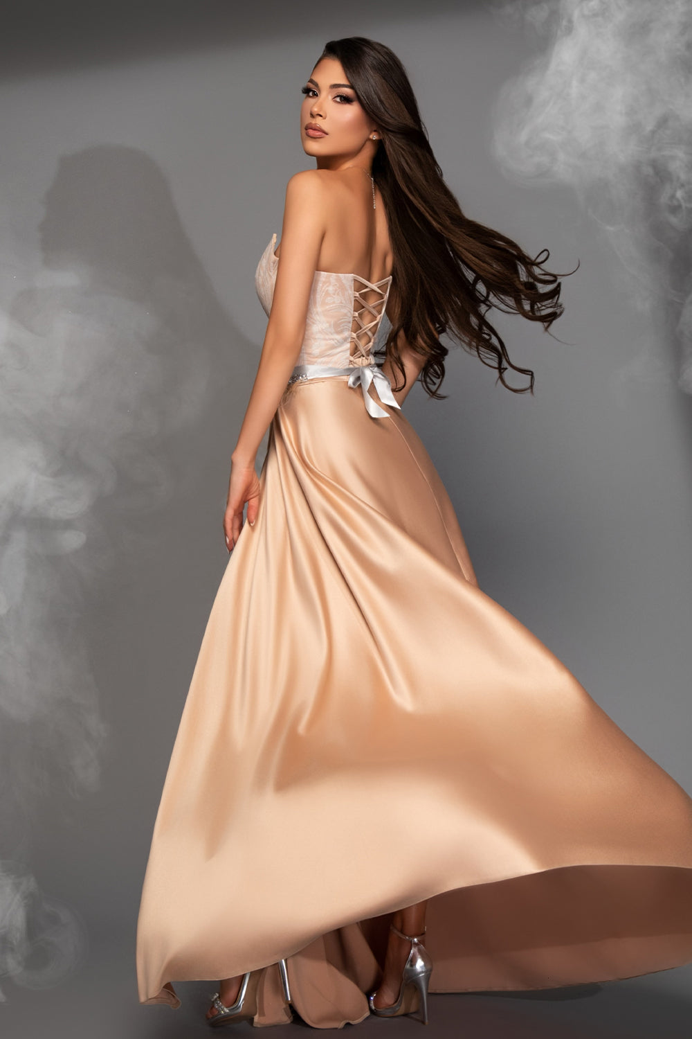 MAXI SKIRT AND CROP TOP SET CONSTANCE GLITTER LACE SATIN WHITE AND NUDE