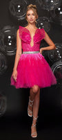 МAXI SET TOP CON GONNA MARIYA PIZZO GLITTERATO BROCCATO DI TULLE BLU SCURO
