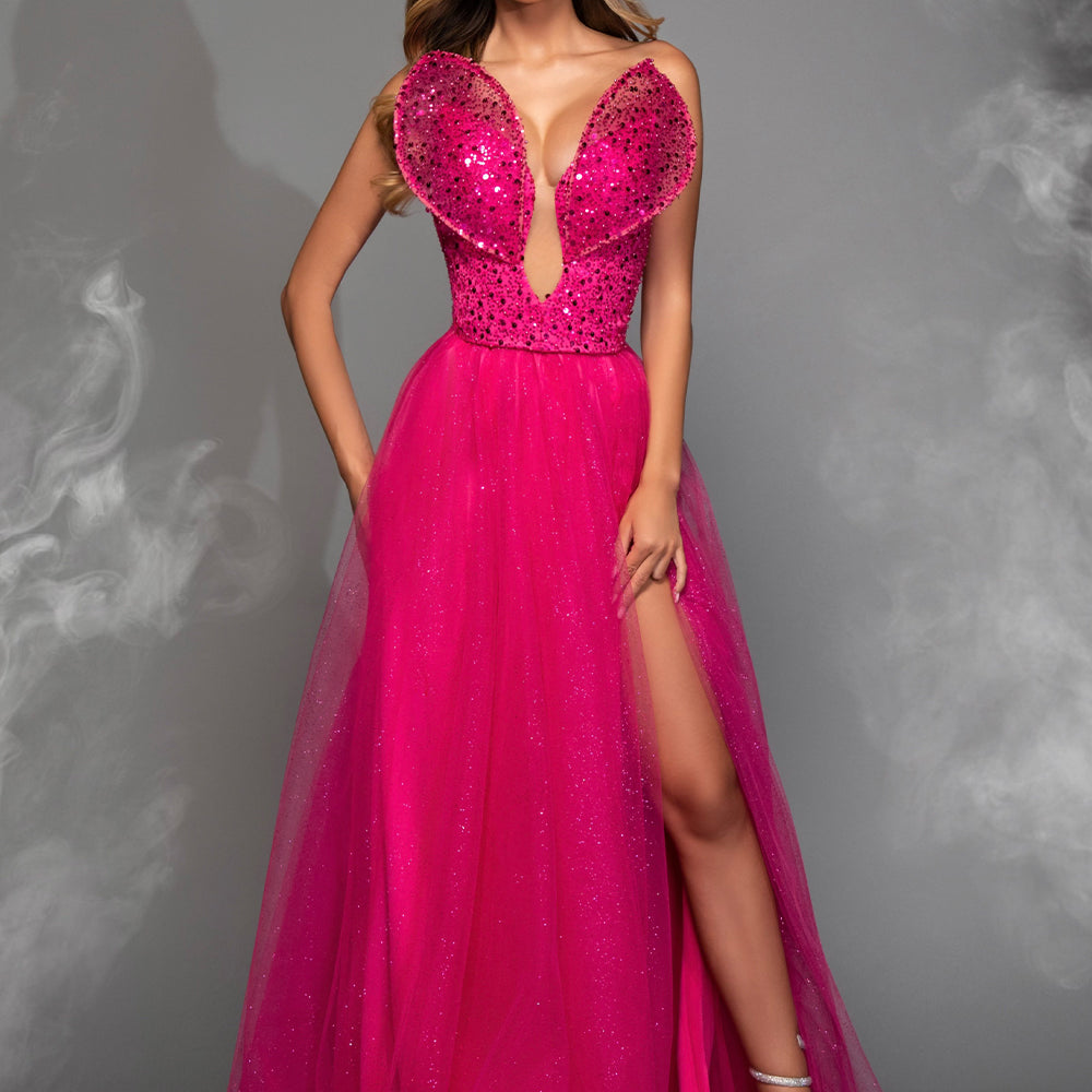 MAXI SKIRT AND CROP TOP SET MARIYA GLITTER LACE GLITTER TULLE HOT PINK