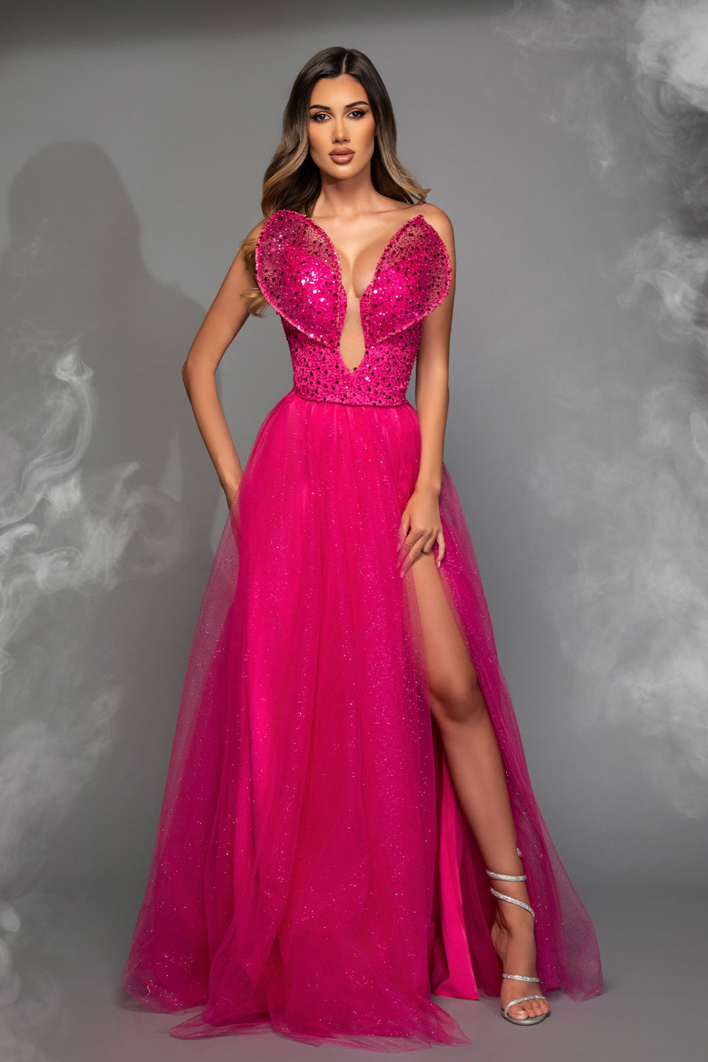 MAXI SKIRT AND CROP TOP SET MARIYA GLITTER LACE GLITTER TULLE HOT PINK
