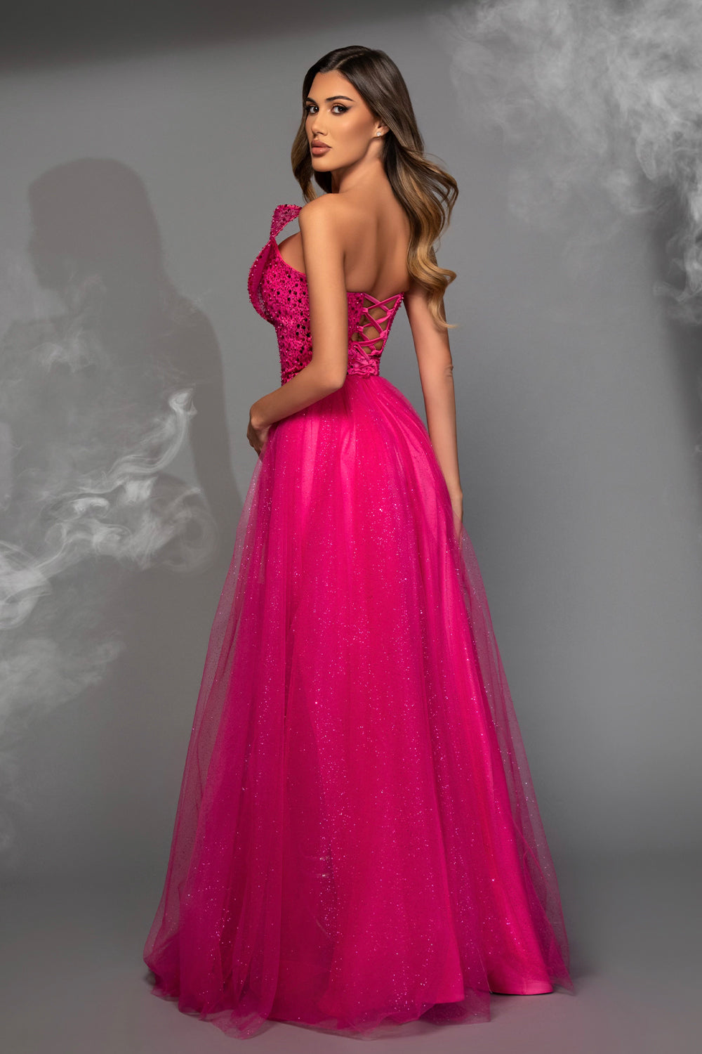 MAXI SKIRT AND CROP TOP SET MARIYA GLITTER LACE GLITTER TULLE HOT PINK