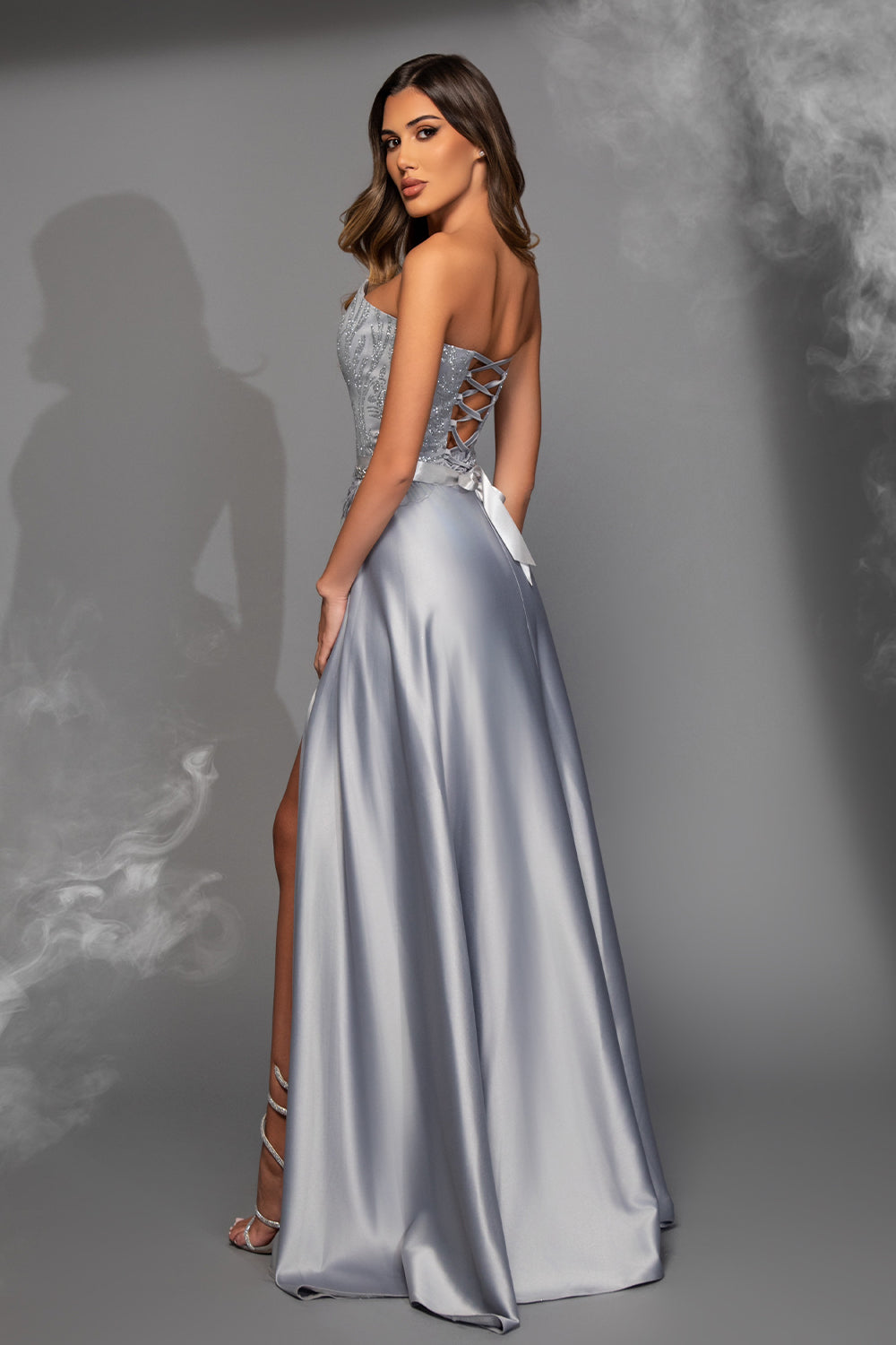 MAXI SKIRT AND CROP TOP SET MERCY GLITTER LACE SATIN SILVER