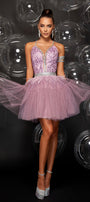 MINI SKIRT AND CROP TOP SET MAKAYLA GLITTER LACE RHINESTONE GLITTER TULLE LAVENDER
