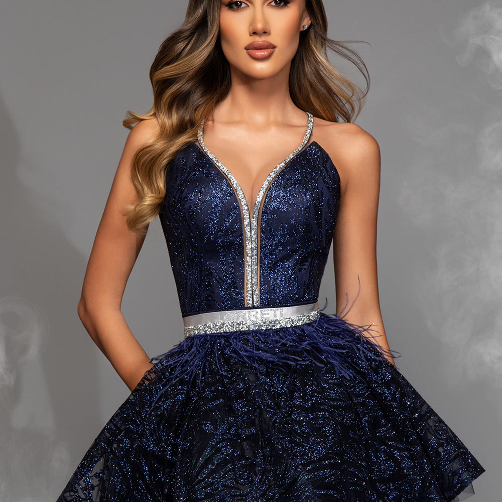 MINI SKIRT AND CROP TOP SET PHOEBE GLITTER LACE RHINESTONE DARK BLUE