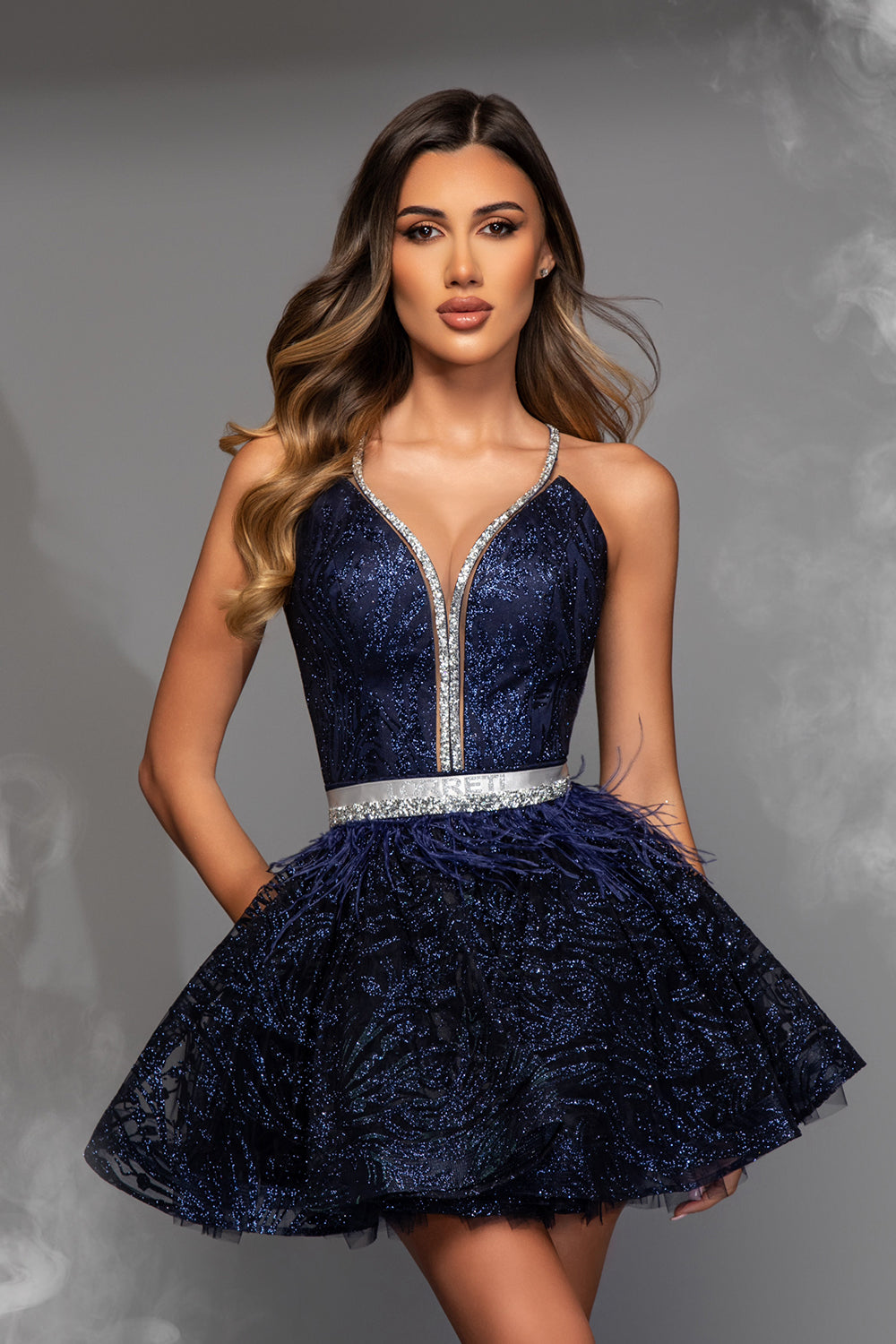 MINI SKIRT AND CROP TOP SET PHOEBE GLITTER LACE RHINESTONE DARK BLUE