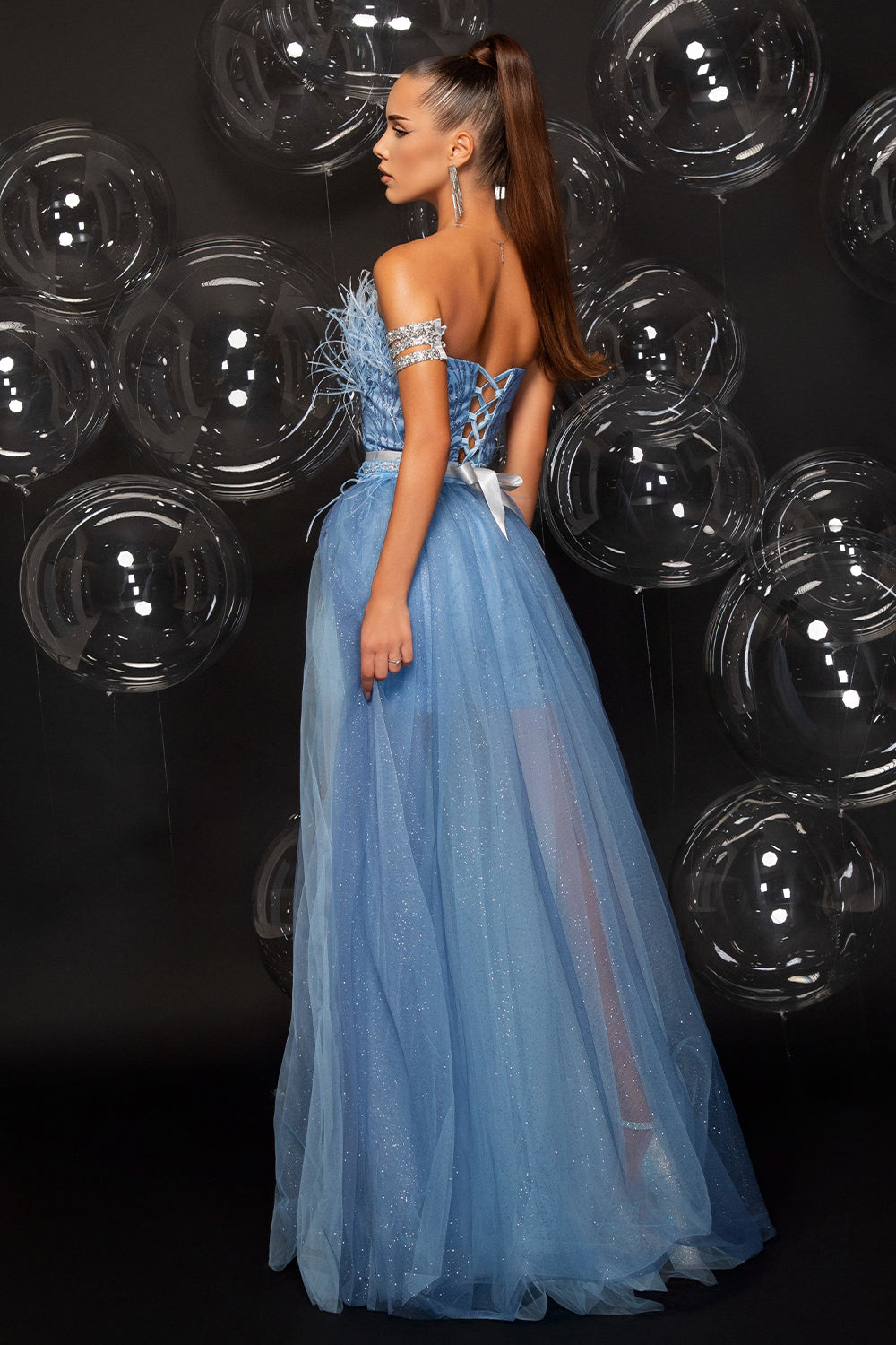 MAXI CROP TOP AND PANTS AND CLOAK SET CALLIOPE GLITTER LACE GLITTER TULLE LIGHT BLUE