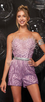 MINI CROP TOP AND PANTS SET MANUELA GLITTER LACE FEATHERS LAVENDER