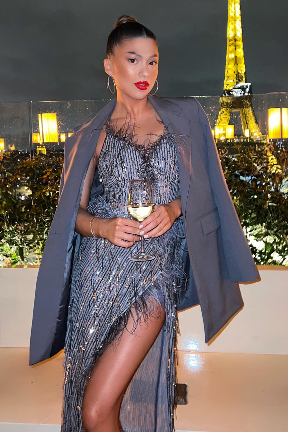 MAXI SKIRT AND CROP TOP SET ALAIA SEQUIN DARK GREY