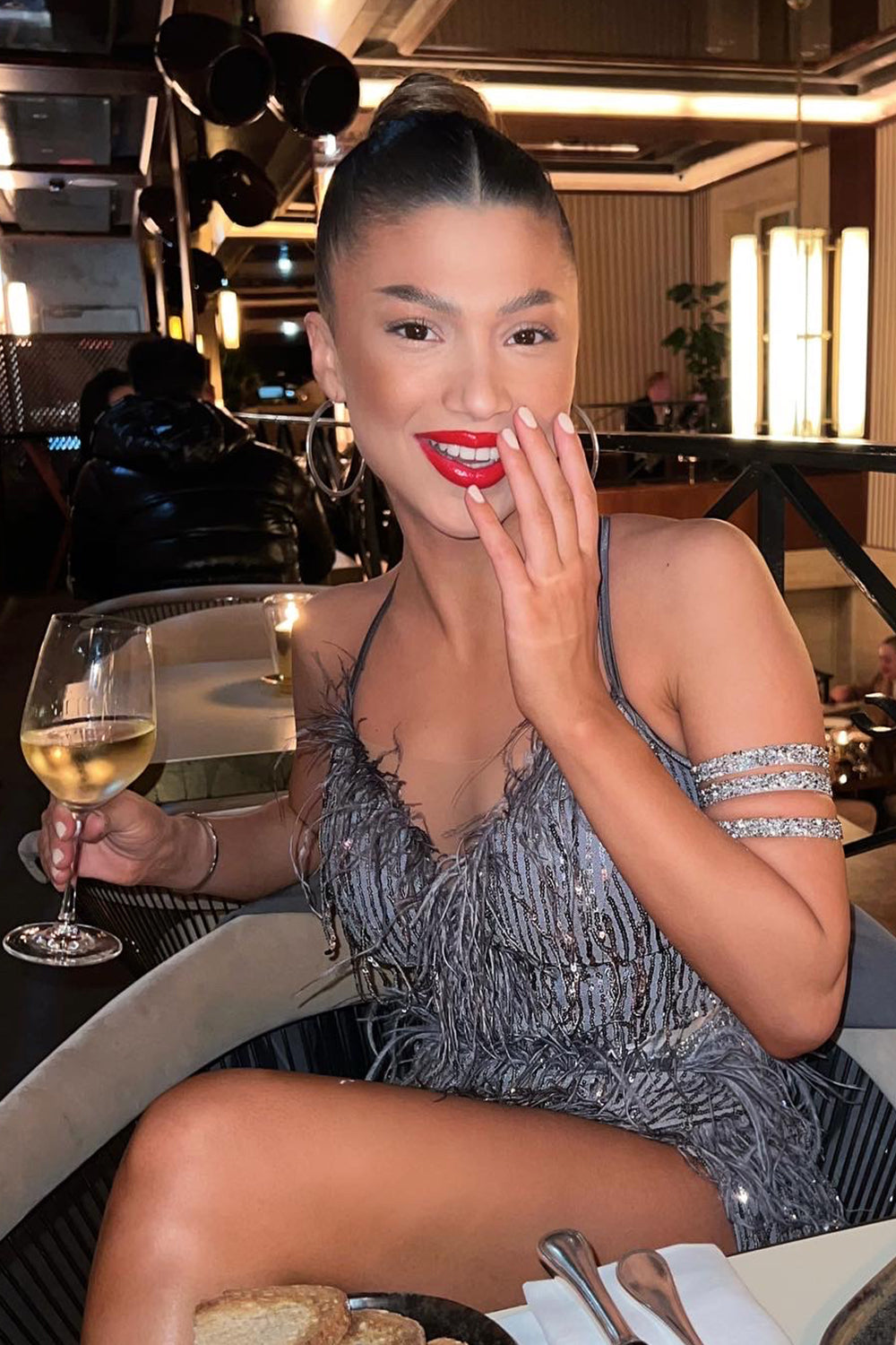 MAXI SKIRT AND CROP TOP SET ALAIA SEQUIN DARK GREY