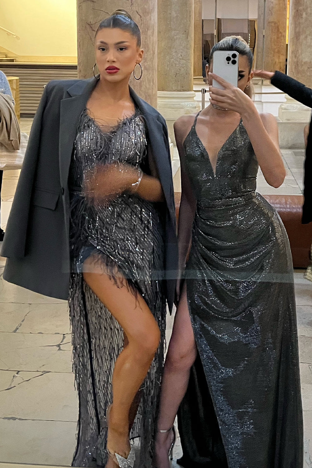 MAXI SKIRT AND CROP TOP SET ALAIA SEQUIN DARK GREY