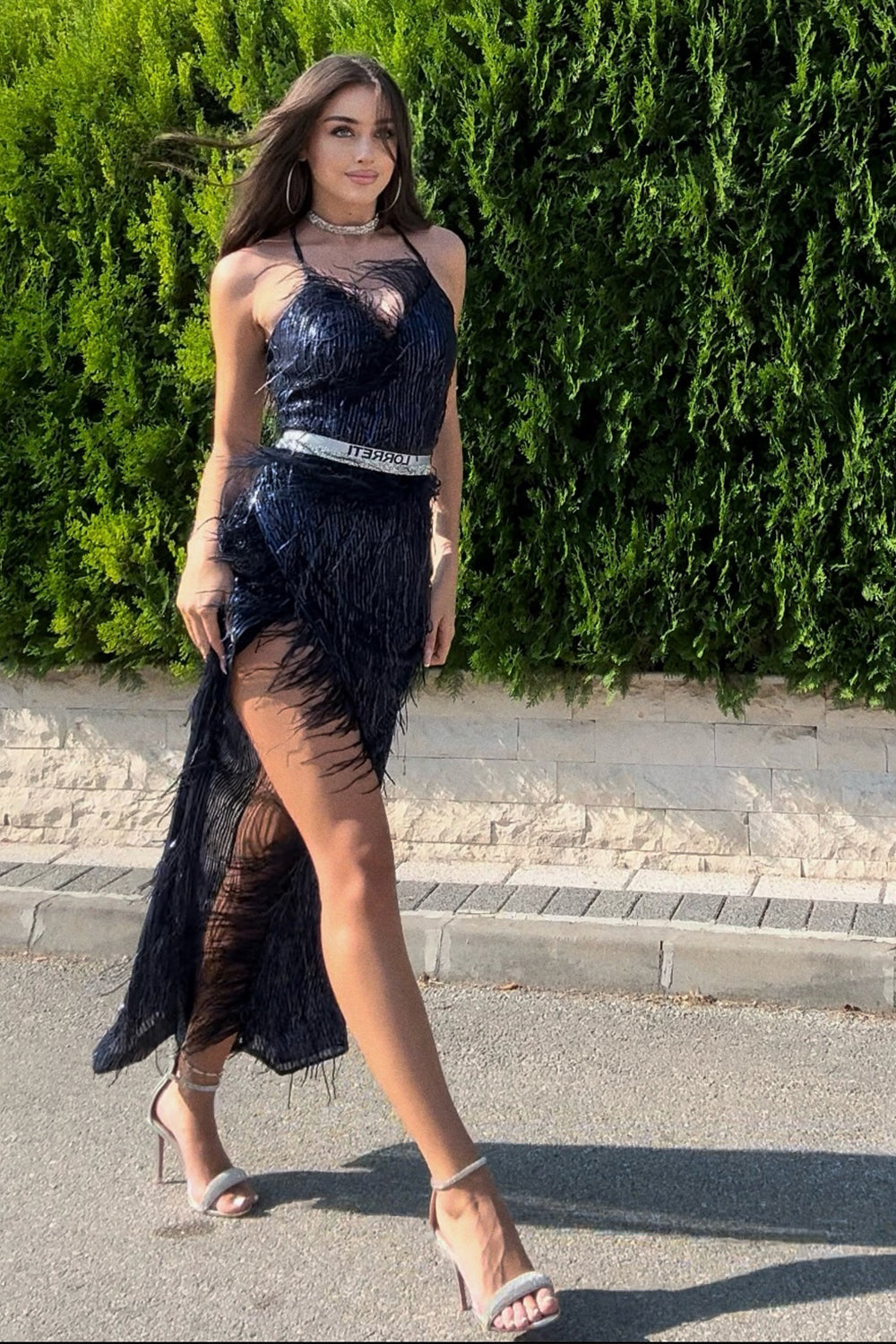 MAXI SKIRT AND CROP TOP SET ALAIA SEQUIN DARK BLUE