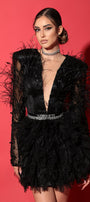 MINI SKIRT AND CROP TOP SET CARLOTTA FEATHERS SATIN GLITTER TULLE LACE BLACK