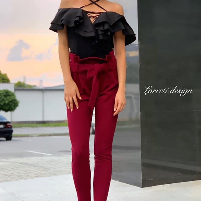 МAXI SET 2 PEZZI TOP CON PANTALONI JERSEY BORDEAUX CON NERO