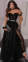 MAXI SET 3 PIESE TOP, FUSTA CU PANTALONI VENICE DANTELA GLITTER BROCADĂ DE TUL NEAGRA