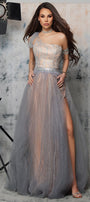 MAXI SKIRT AND CROP TOP SET CAREN GLITTER LACE GLITTER TULLE SILVER AND NUDE