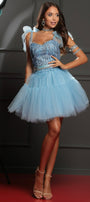 MINI SKIRT AND CROP TOP SET EMIRA GLITTER LACE TULLE LIGHT BLUE