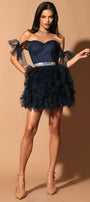 MINI SKIRT AND CROP TOP SET GEORGIA GLITTER LACE TULLE DARK BLUE