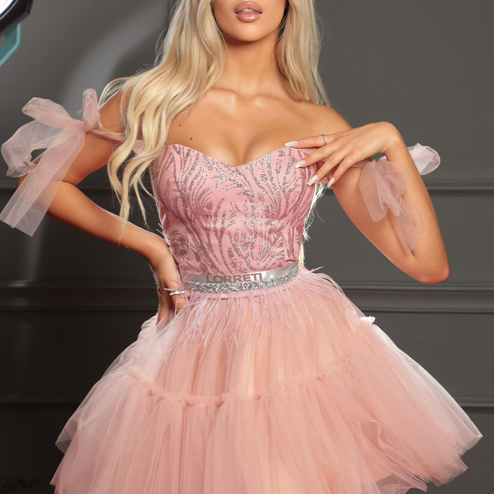 MINI SKIRT AND CROP TOP SET EMIRA GLITTER LACE TULLE POWDER PINK