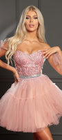 MINI SKIRT AND CROP TOP SET EMIRA GLITTER LACE TULLE POWDER PINK