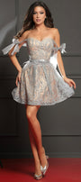 MINI SKIRT AND CROP TOP SET KIARA GLITTER LACE SILVER AND NUDE