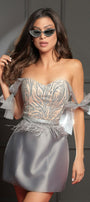 MINI SKIRT AND CROP TOP SET RENATA GLITTER LACE SATIN SILVER AND NUDE