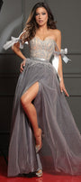 MAXI CONJUNTO TOP CON FALDA YASMINE ЕNCAJE BRILLANTE BROCADO DE TUL PLATEADO CON NUDE