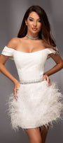 MINI SKIRT AND CROP TOP SET KYRA GLITTER LACE SATIN FEATHERS WHITE