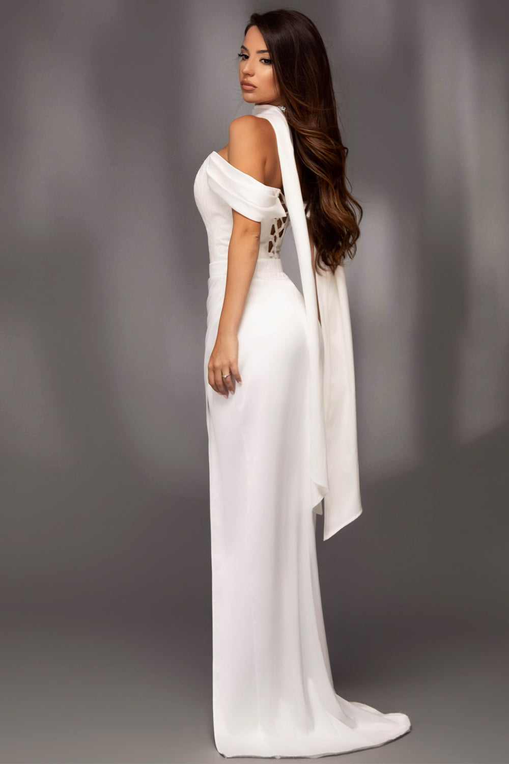 MAXI SKIRT AND CROP TOP SET NICOLE GLITTER LACE SATIN WHITE