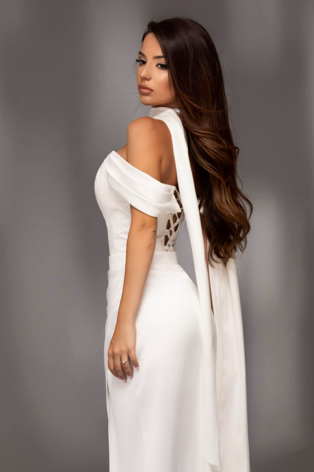 MAXI SKIRT AND CROP TOP SET NICOLE GLITTER LACE SATIN WHITE