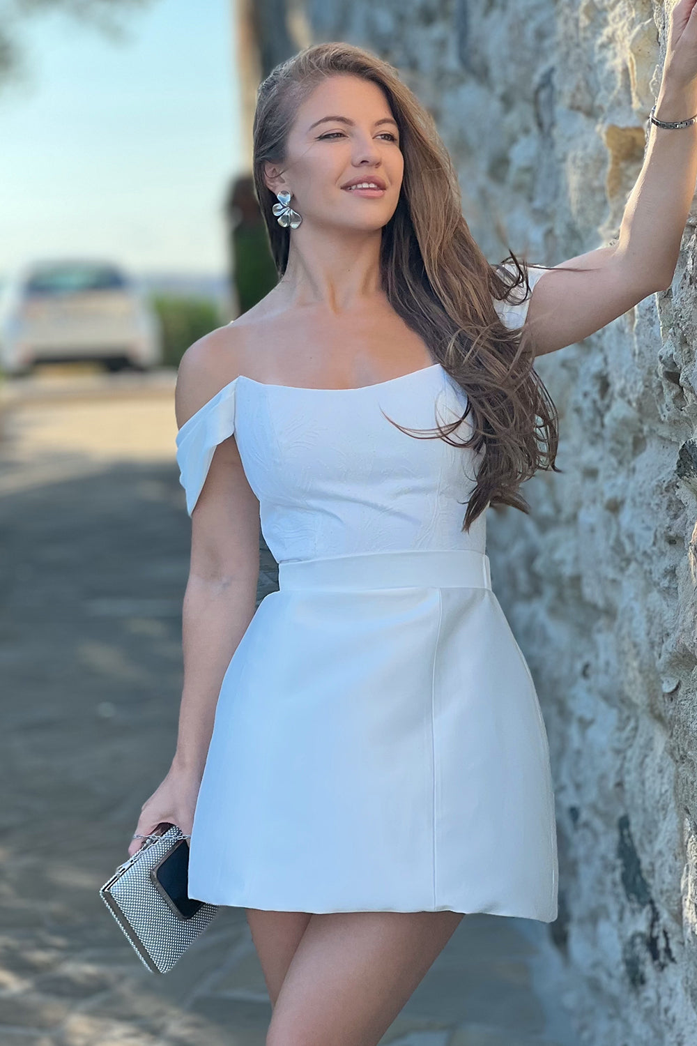 MINI SKIRT AND CROP TOP SET KIRA LACE SATIN WHITE