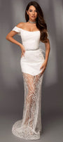 MAXI SKIRT AND CROP TOP SET JULIE GLITTER LACE SATIN WHITE