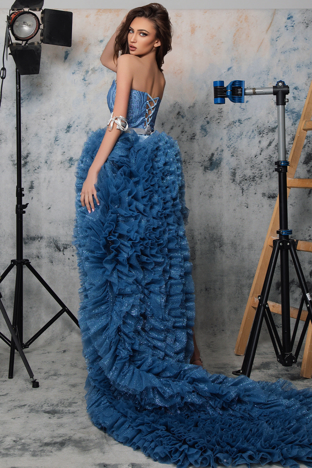 MAXI SKIRT AND CROP TOP SET MEGAN GLITTER LACE GLITTER TULLE LIGHT BLUE