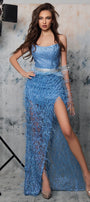 MAXI SKIRT AND CROP TOP SET EMILIA GLITTER LACE FEATHERS LIGHT BLUE