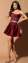MINI SKIRT AND CROP TOP SET VALLERY GLITTER LACE SATIN BURGUNDY