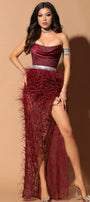 MAXI SKIRT AND CROP TOP SET DARA GLITTER LACE SATIN FEATHERS BURGUNDY